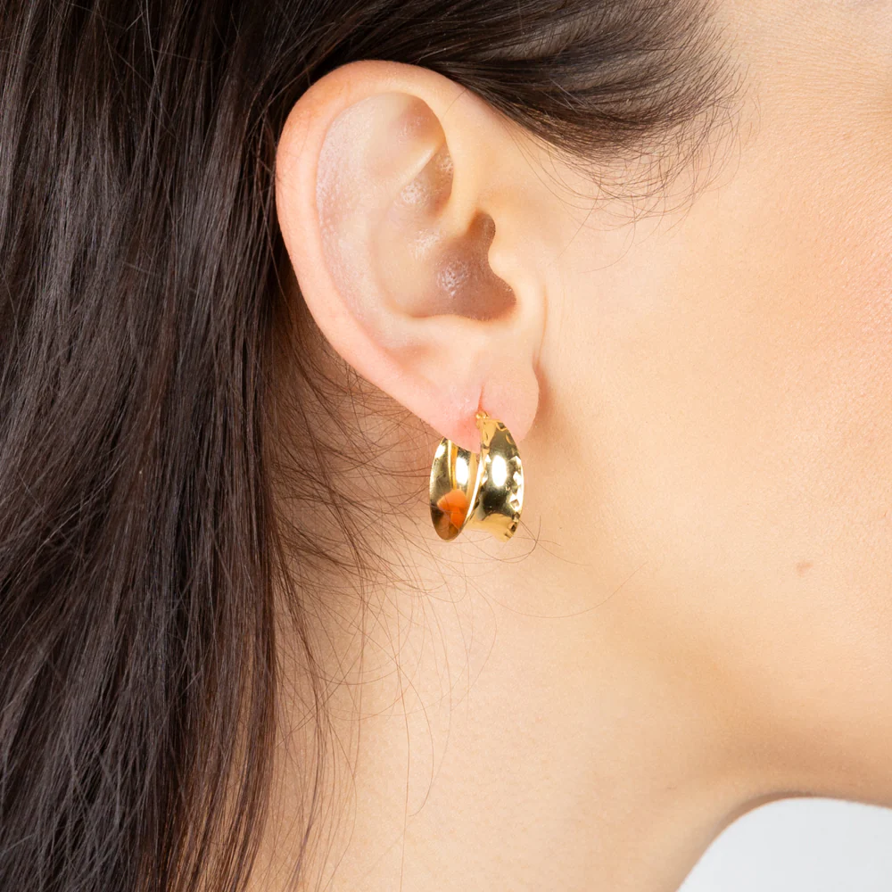 Sterling Silver Gold Plated Textured Edge Plain Hoop Earrings - Image 2