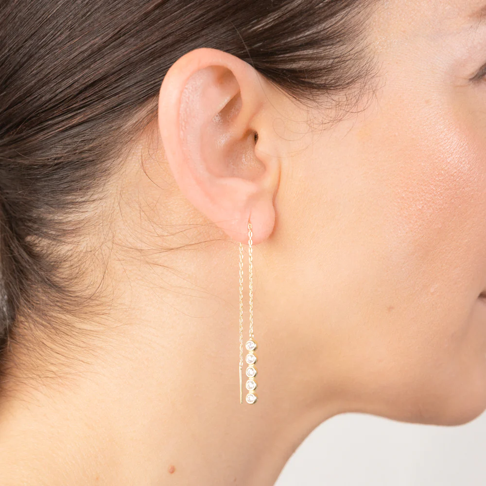 Sterling Silver Gold Plated Tiny Flowers Threader Earrings - Image 2
