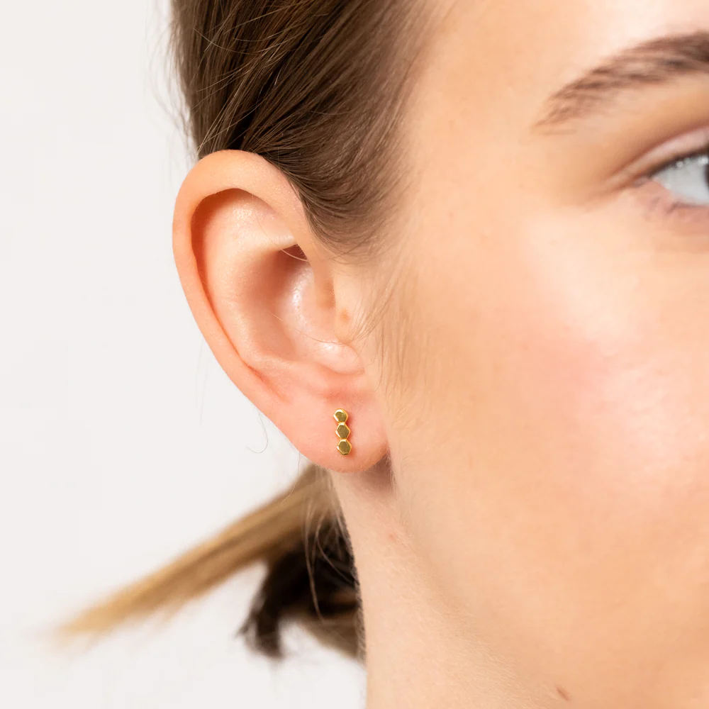 Sterling Silver Gold Plated Triple Hexagon Stud Earrings - Image 2