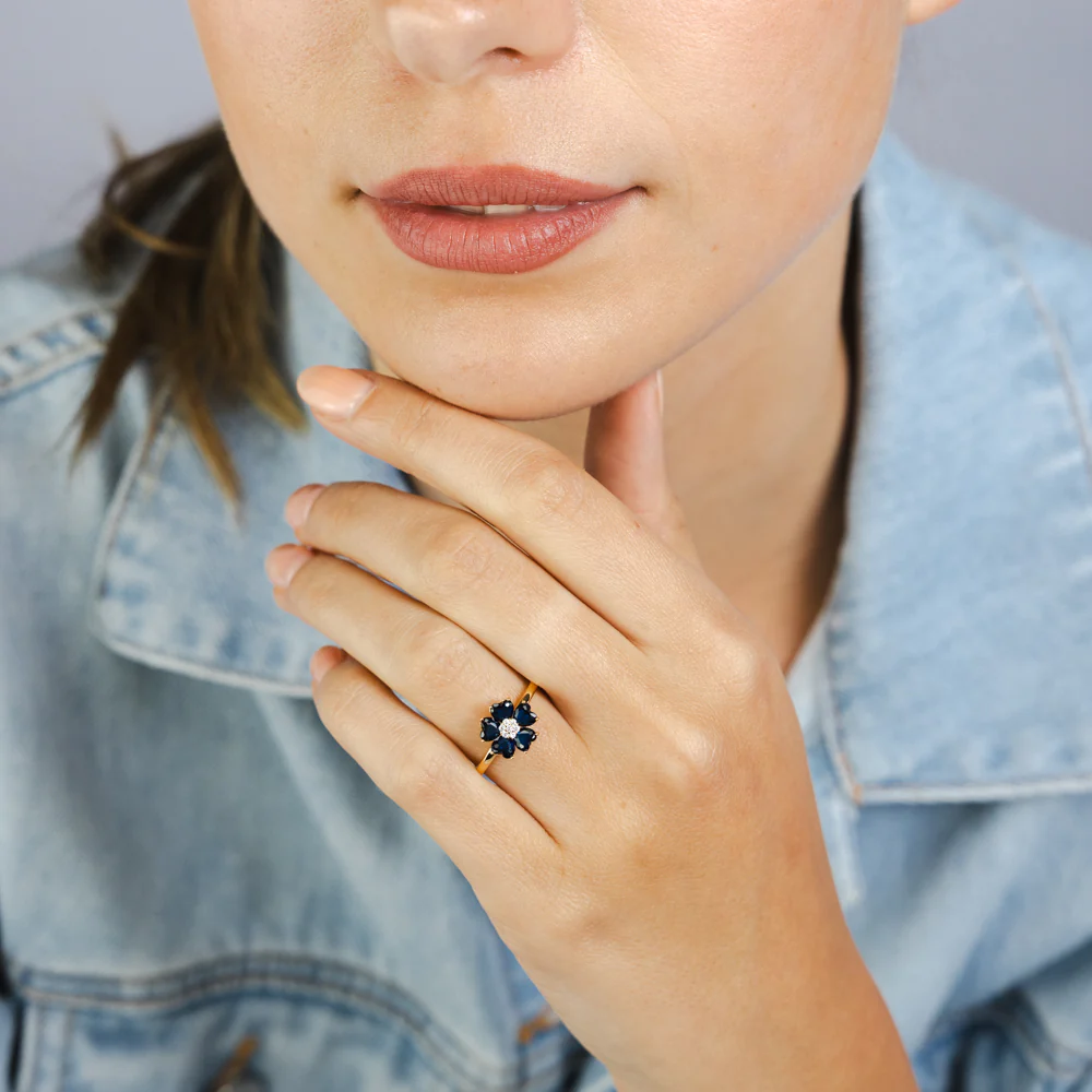 Sterling Silver Gold Plated White And Sapphire Blue Flower Ring - Image 3