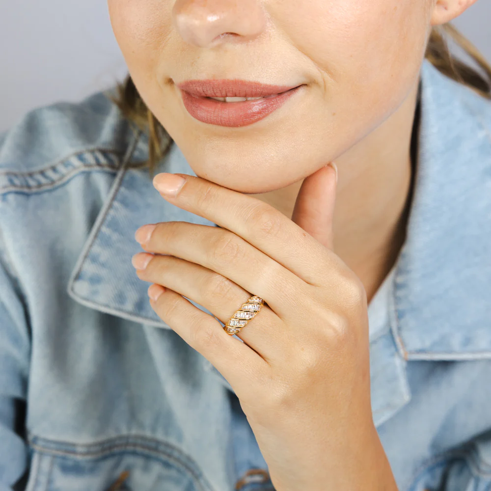 Sterling Silver Gold Plated White Cubic Zirconia Stripped Fancy Ring - Image 3