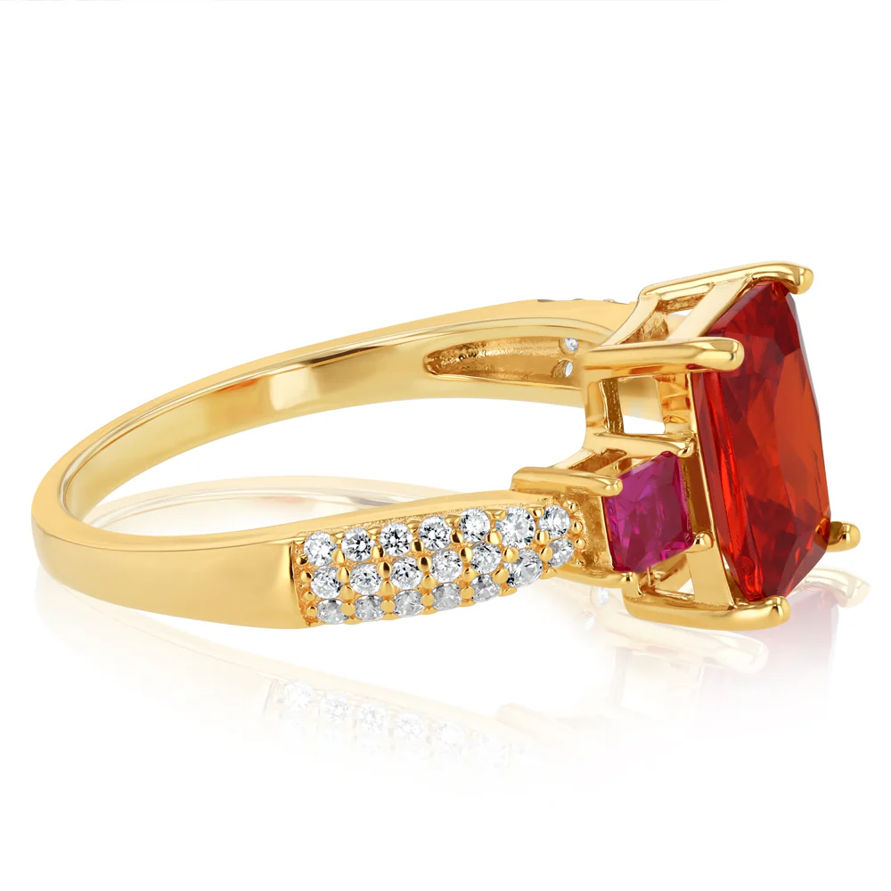 Sterling Silver Gold Plated White Red and Orange Cubic Zirconia Ring - Image 2
