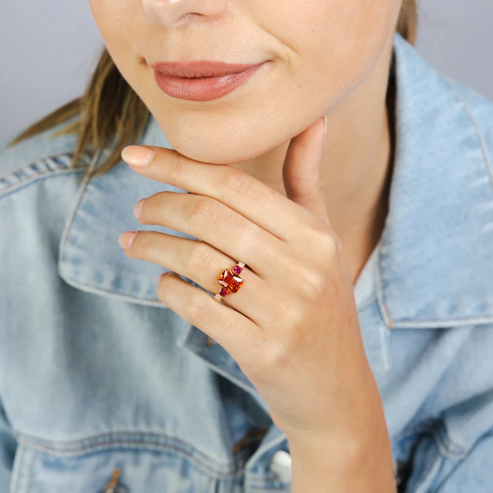 Sterling Silver Gold Plated White Red and Orange Cubic Zirconia Ring - Image 3