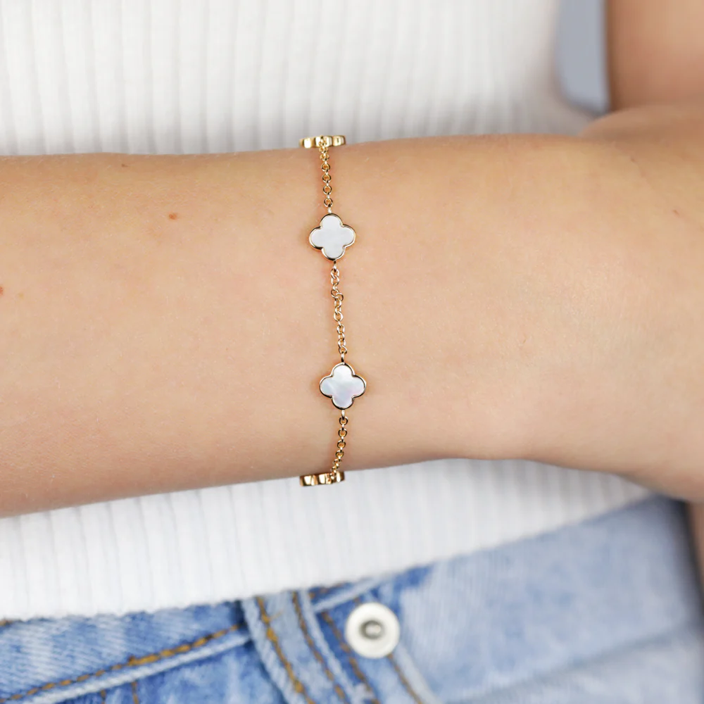 Sterling Silver Gold Plated White Shell Pearl Four Leaf Clover Charm Bracelet - Image 4