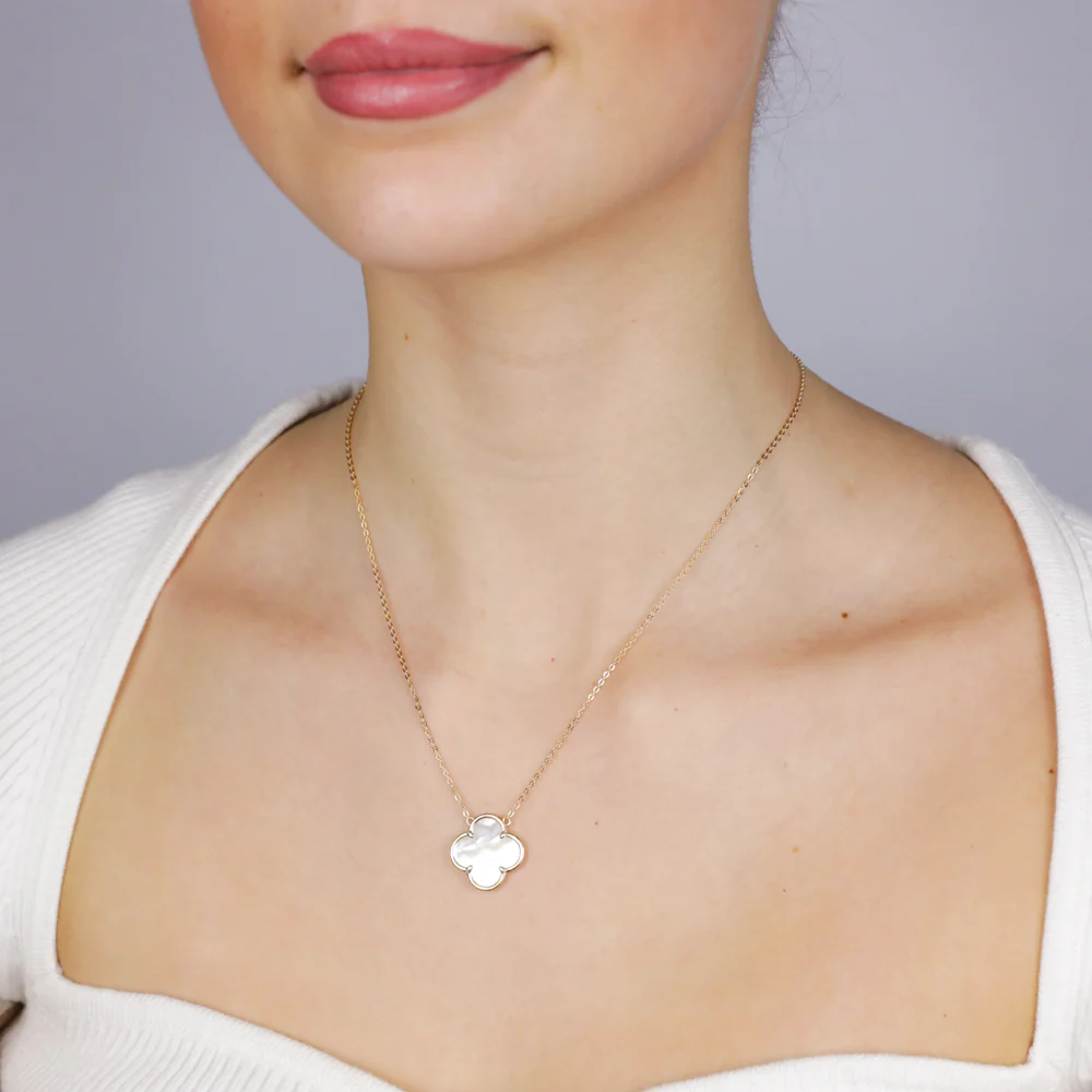 Sterling Silver Gold Plated White Shell Pearl Four Leaf Clover Pendant On Chain - Image 2
