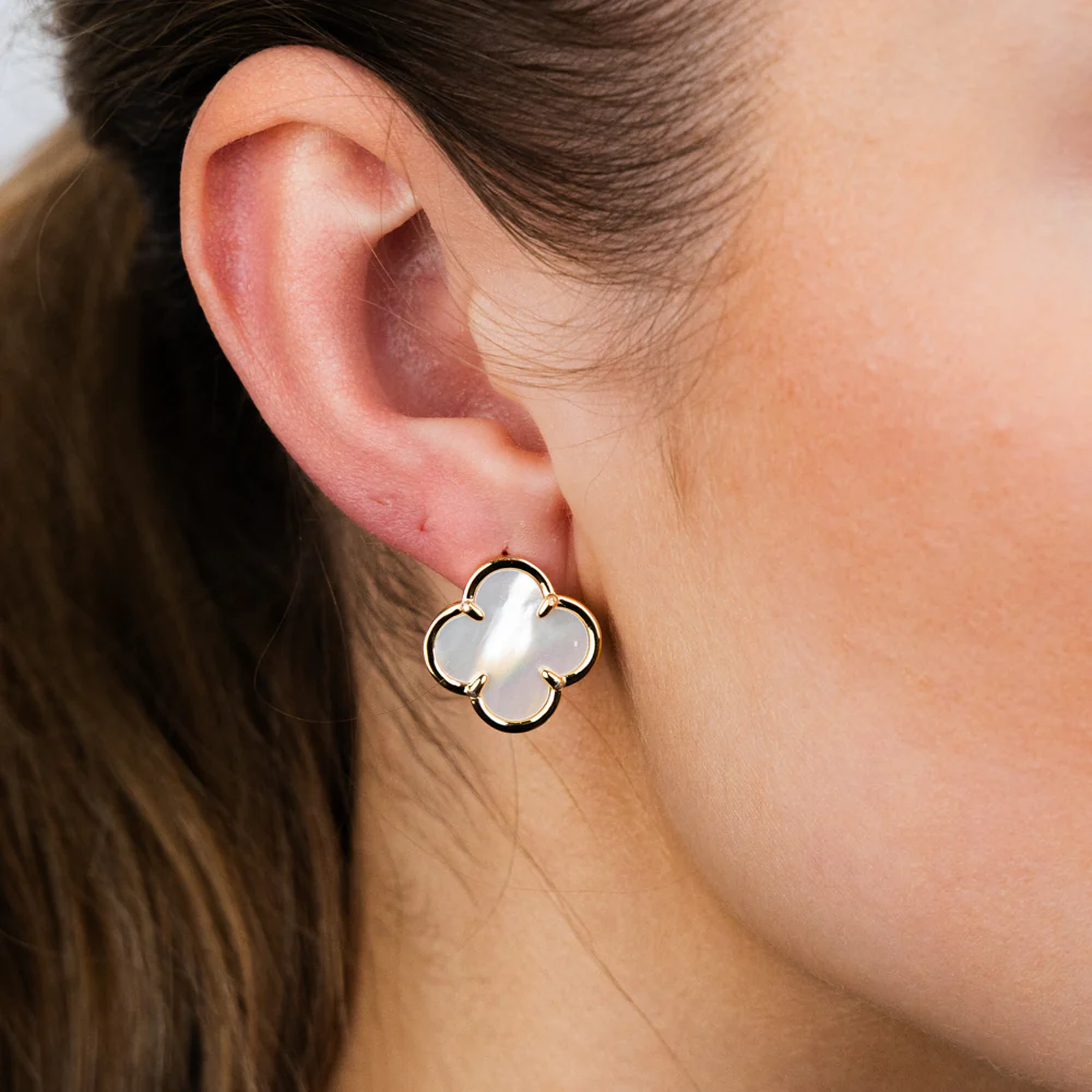 Sterling Silver Gold Plated White Shell Pearl Four Leaf Clover Stud Earrings - Image 2