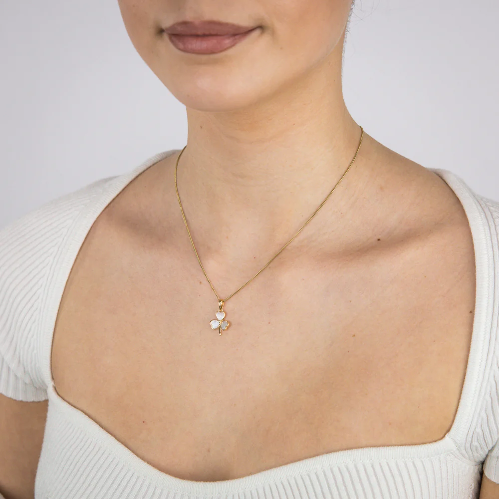 Sterling Silver Gold Plated White Shell Pearl Three Clover Pendant - Image 2