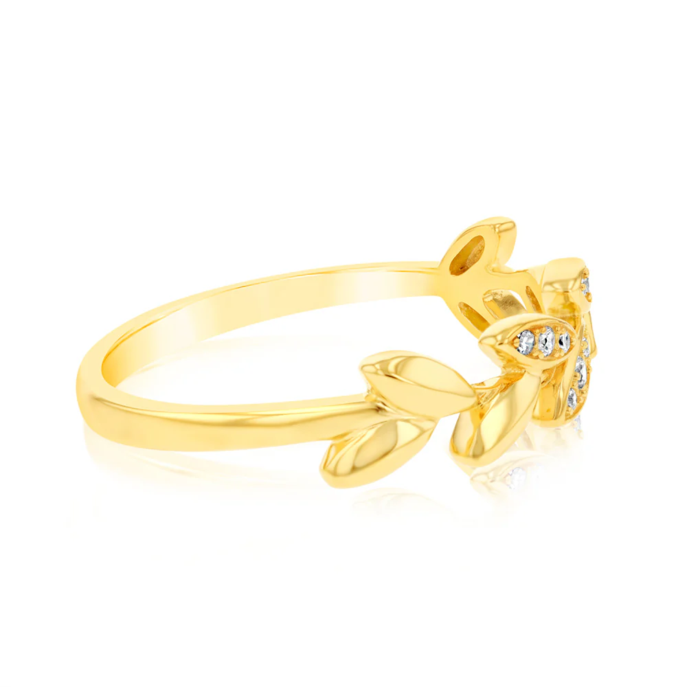 Sterling Silver Gold Plated White Zirconia Leaf Ring - Image 2