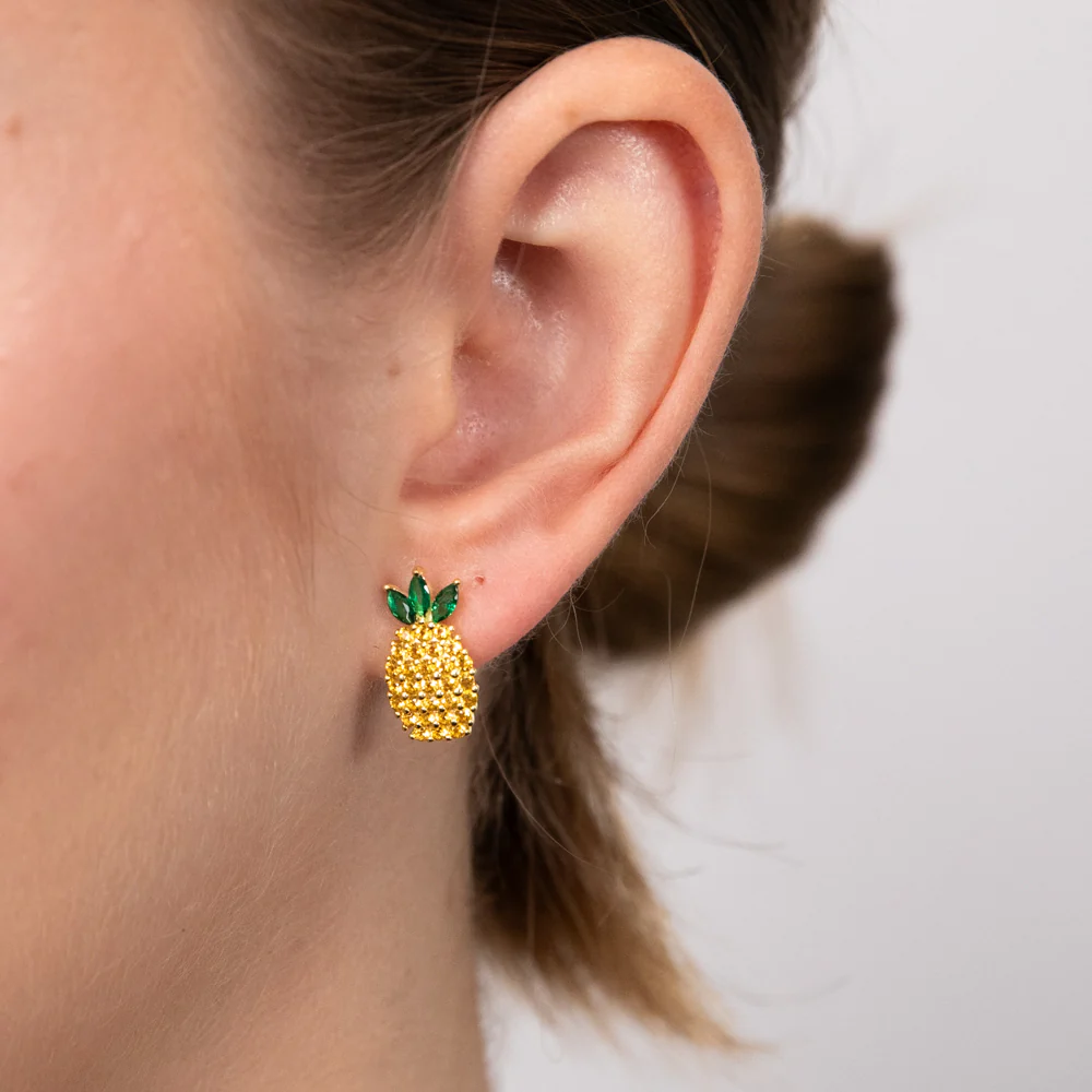 Sterling Silver Gold Plated Yellow And Green Zirconia Pineapple Stud Earrings - Image 2