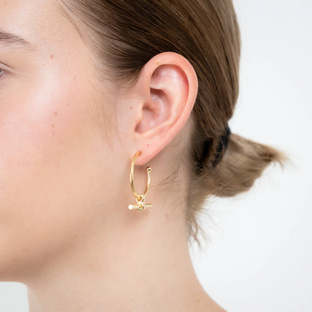 Sterling Silver Gold Plated Zirconia Bar 3/4th Hoop Earrings - Image 2