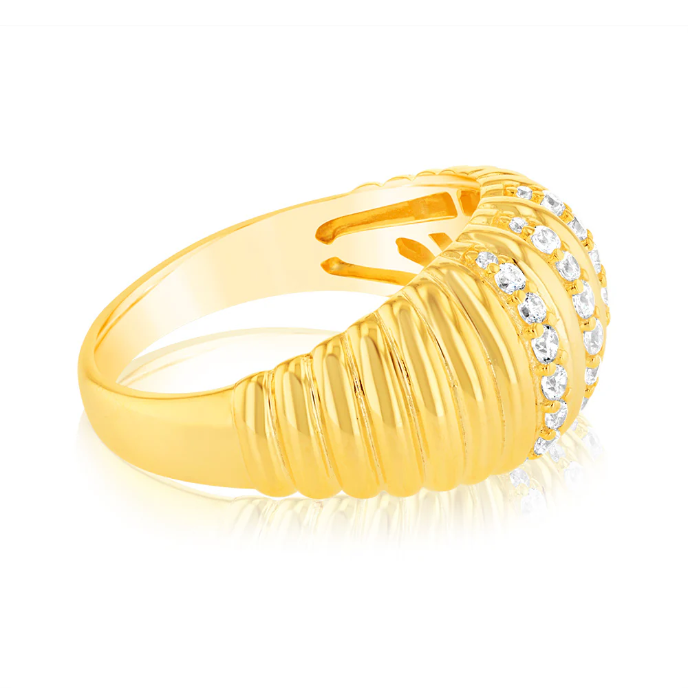 Sterling Silver Gold Plated Zirconia Polished Ribbed Ring - Image 2