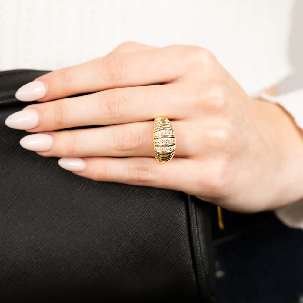 Sterling Silver Gold Plated Zirconia Polished Ribbed Ring - Image 3