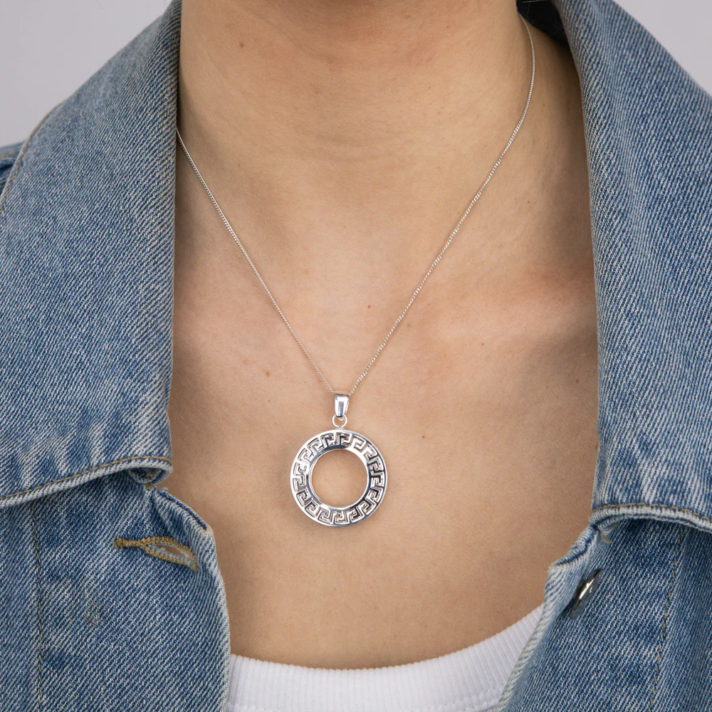 Sterling Silver Greek Key Open Round Pendant - Image 2