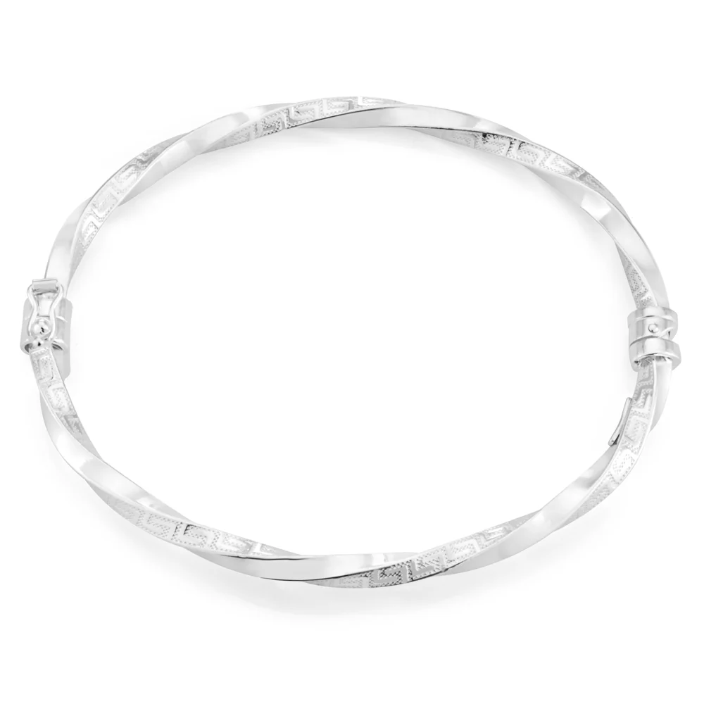 Sterling Silver Greek Key Oval Hinged Bangle - Image 2