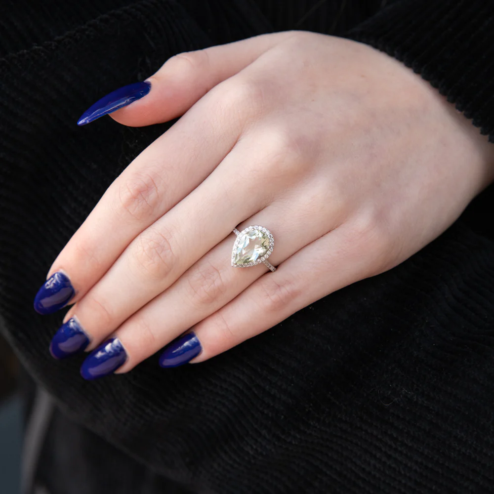 Sterling Silver Green Amethyst and Zirconia Pear Ring - Image 3