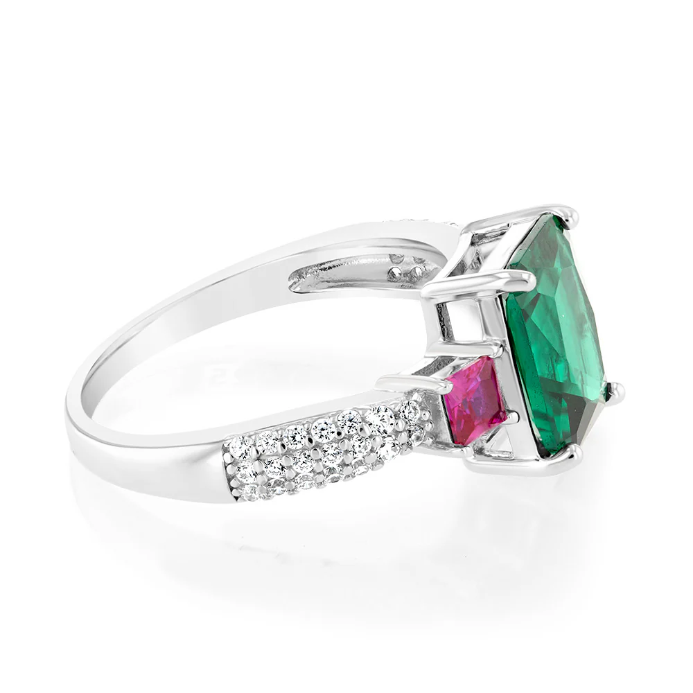 Sterling Silver Green And Pink Square Zirconia Ring - Image 2