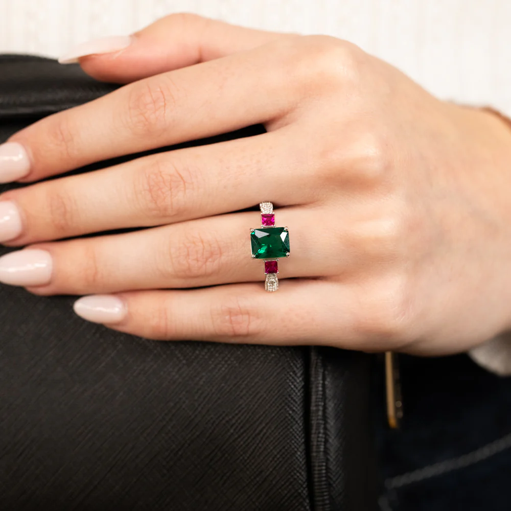 Sterling Silver Green And Pink Square Zirconia Ring - Image 3