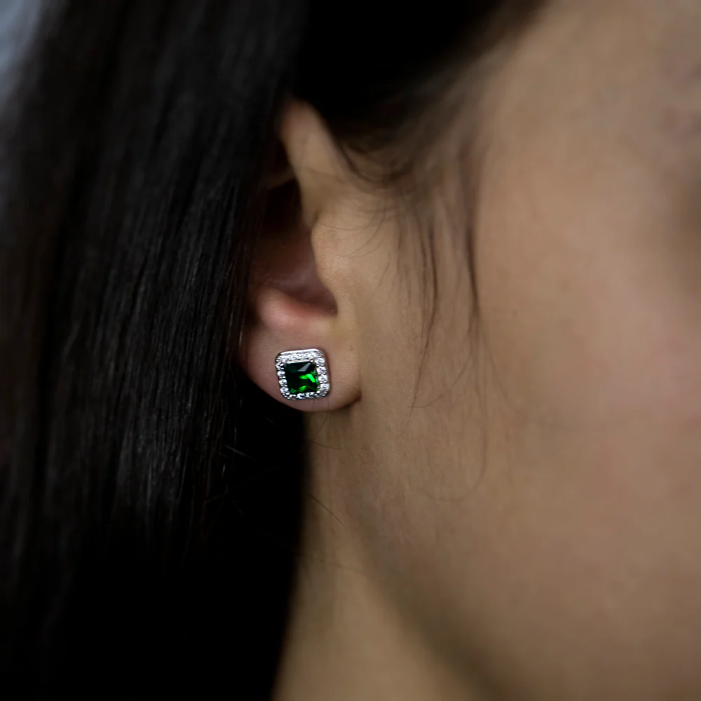 Sterling Silver Green and White Zirconia Cushion Cut Stud Earrings - Image 2