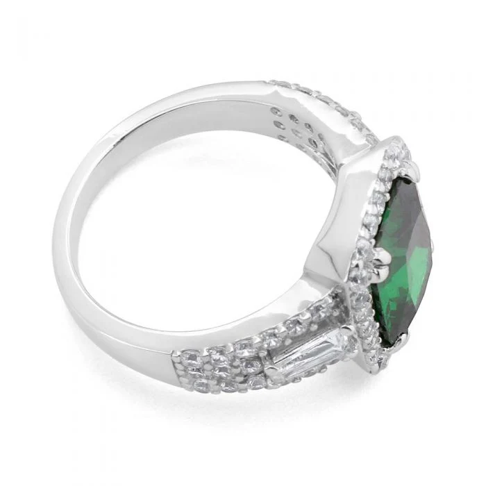 Sterling Silver Green and White Zirconia Halo Cushion Cut Ring - Image 2