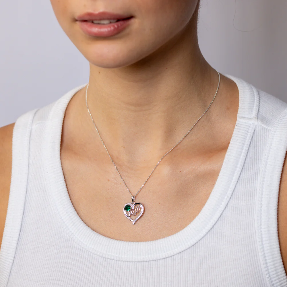 Sterling Silver Green CZ 'Mum' Heart Pendant - Image 2
