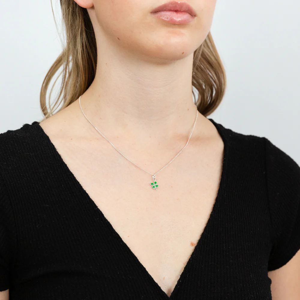 Sterling Silver Green Enamel Four Leaf Clover Charm Pendant - Image 2