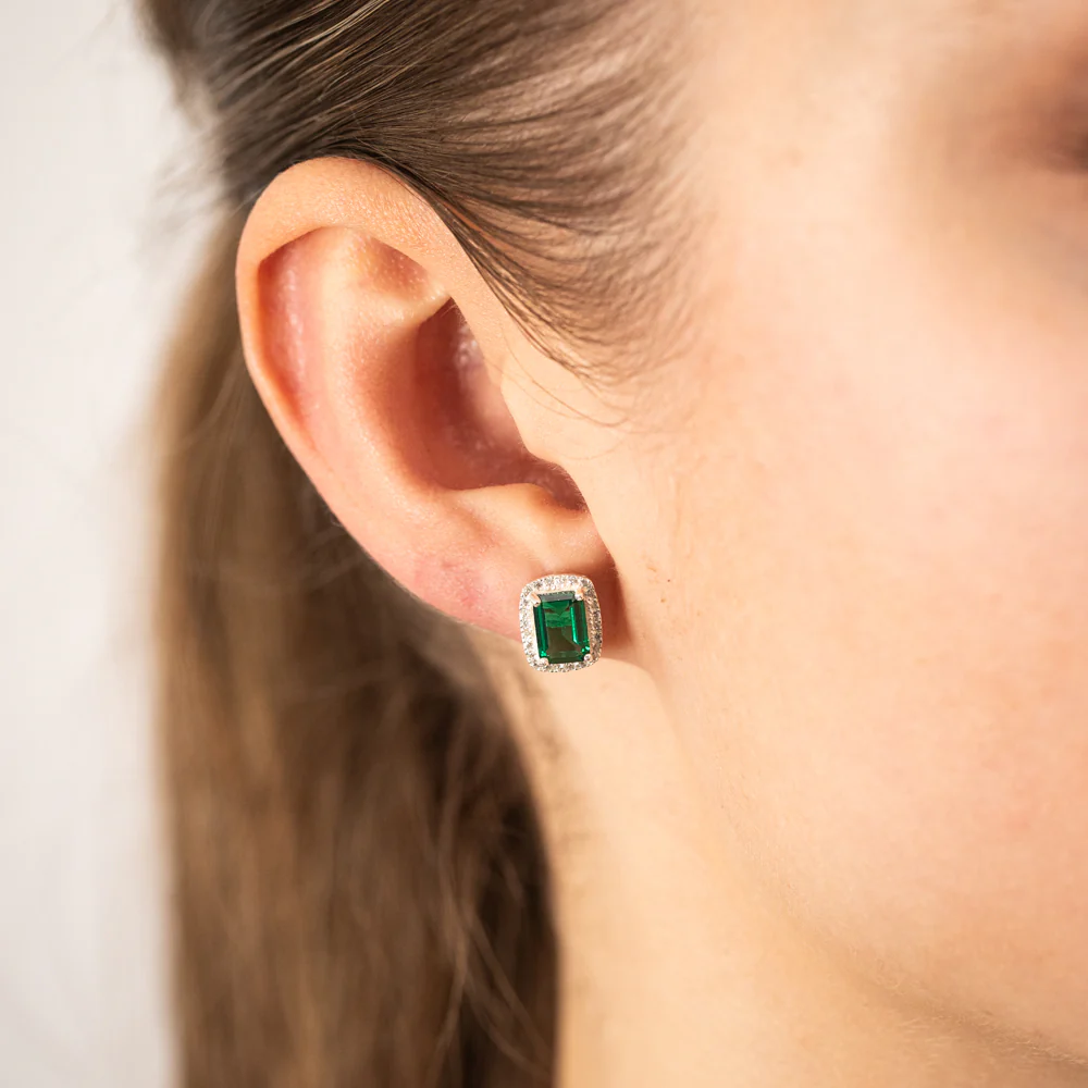 Sterling Silver Green & White Zirconia Rectangle Stud Earrings - Image 2