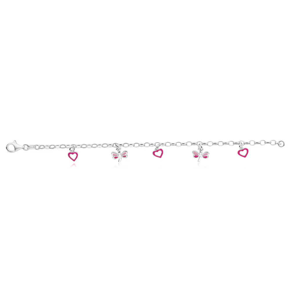 Sterling Silver Heart and Dragonfly Pink Enamel 16cm Bracelet - Image 2