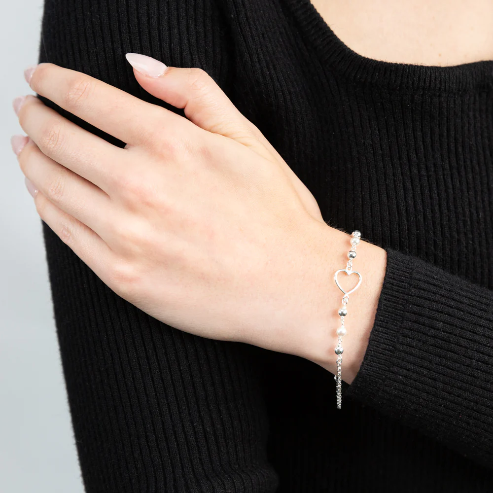 Sterling Silver Heart and Simulated Pearl Fancy Bracelet 19cm - Image 3