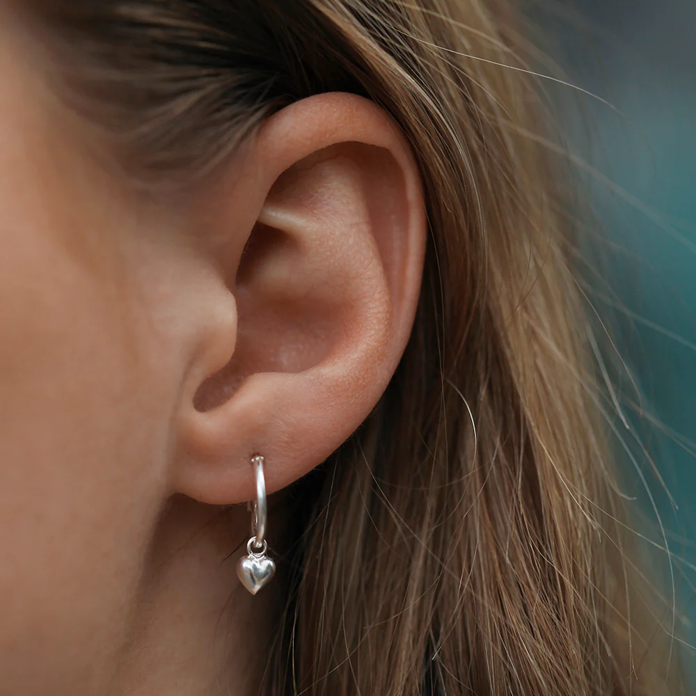 Sterling Silver Heart Drop Hoop Earrings - Image 2
