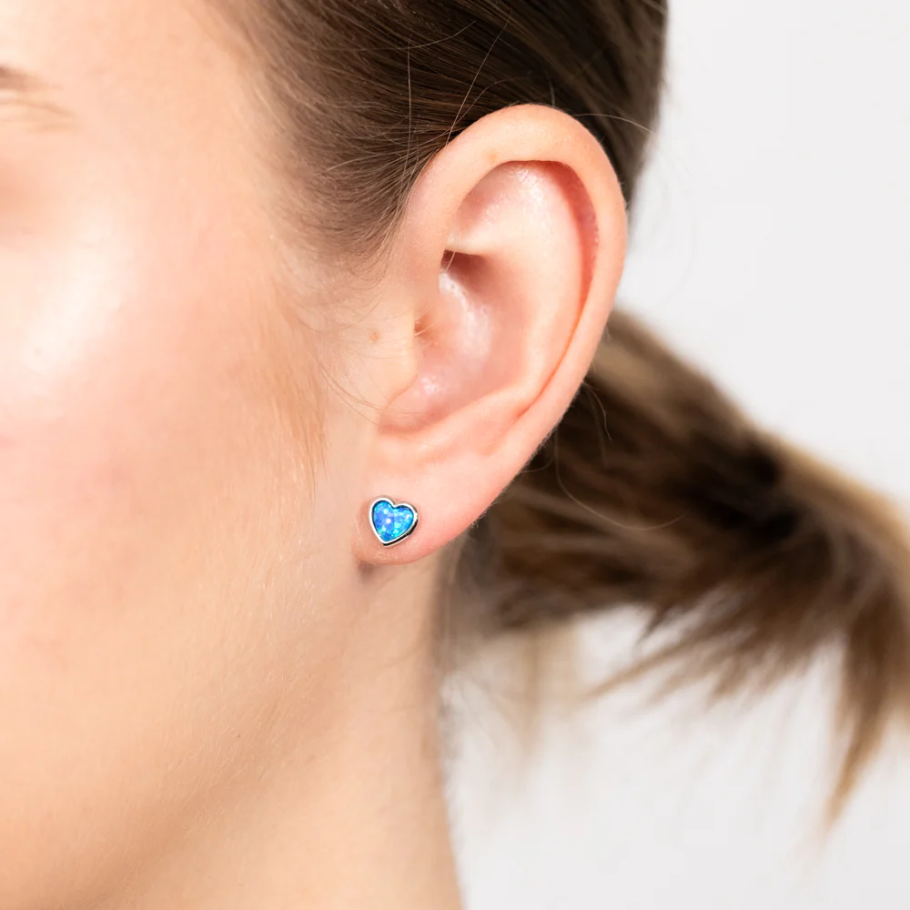 Sterling Silver Heart Shaped Created Blue Opal Stud Earrings - Image 2