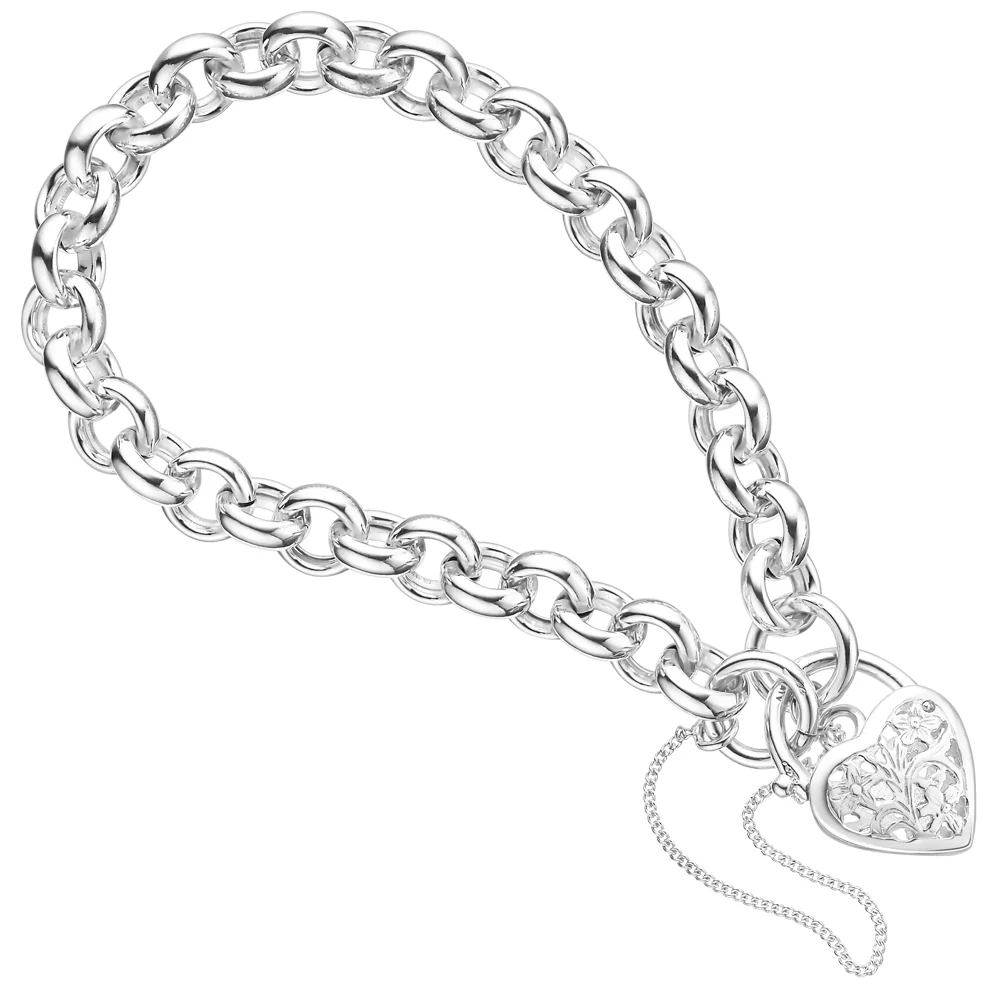Sterling Silver Hollow Belcher Filigree Heart Padlock Bracelet - Image 2