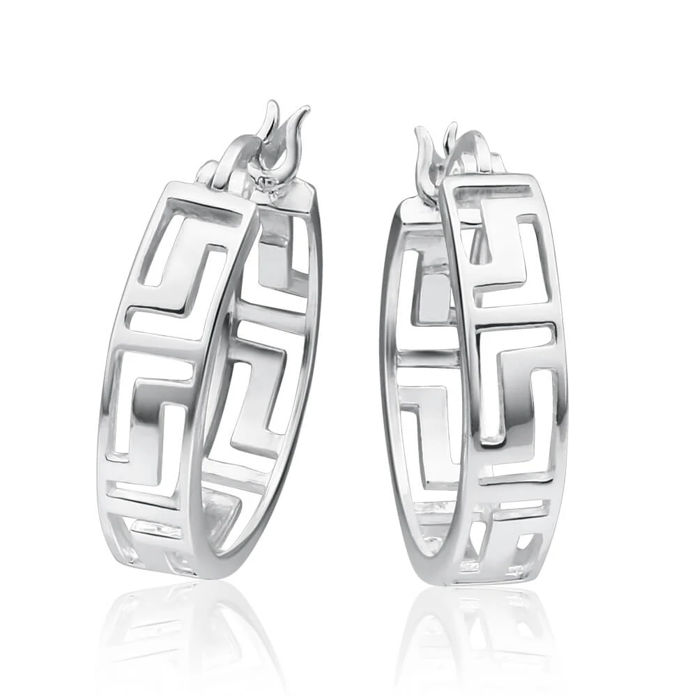 Sterling Silver Hoop Greek Key Earrings - Image 2