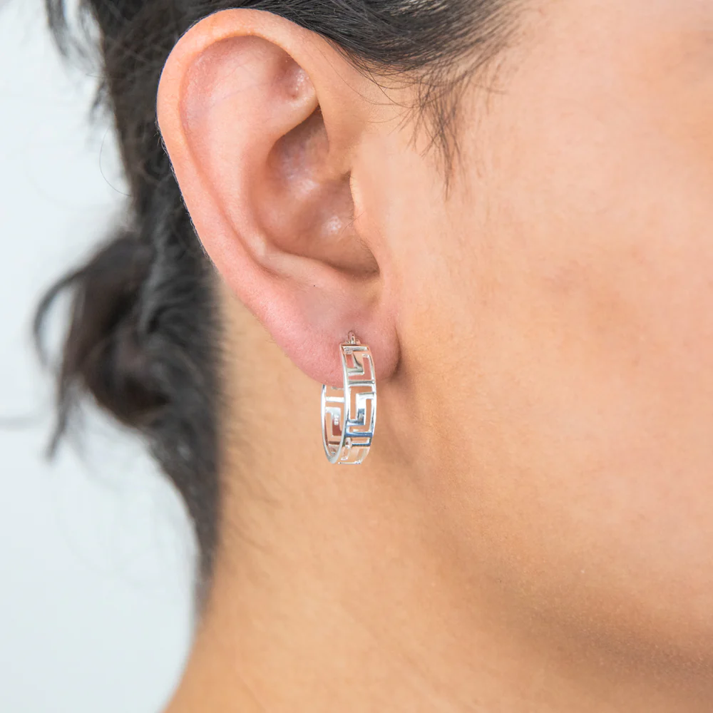 Sterling Silver Hoop Greek Key Earrings - Image 3