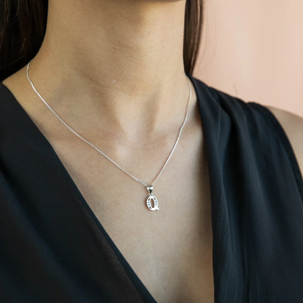 Sterling Silver Initial Zirconia  Initial "Q" Pendant - Image 2