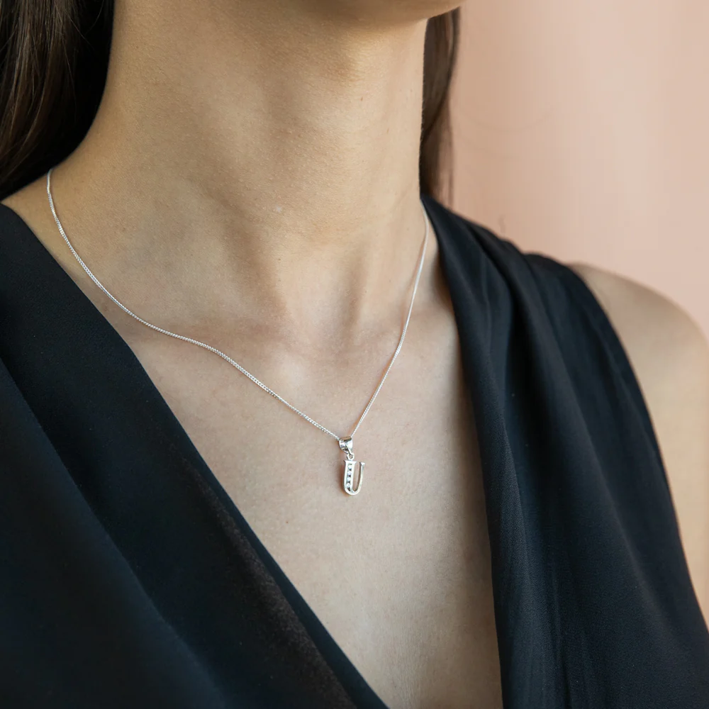 Sterling Silver Initial Zirconia  Initial "U" Pendant - Image 2