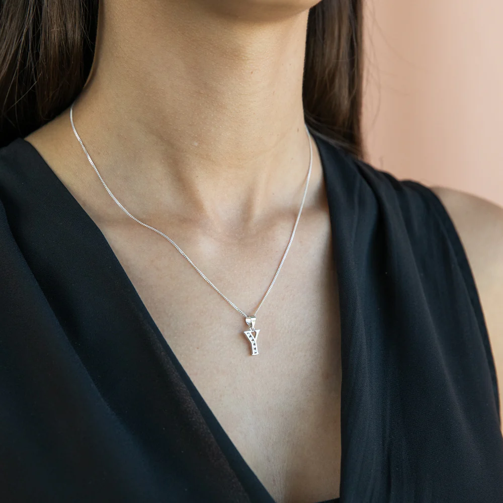 Sterling Silver Initial Zirconia  Initial "Y" Pendant - Image 2