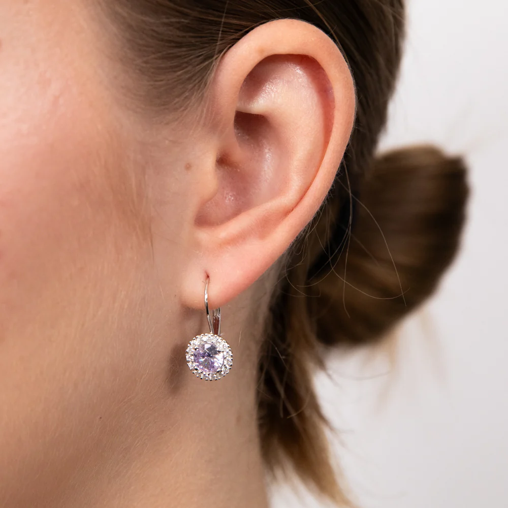 Sterling Silver Lavender And White Zirconia Halo Drop And Dangle Earrings - Image 2