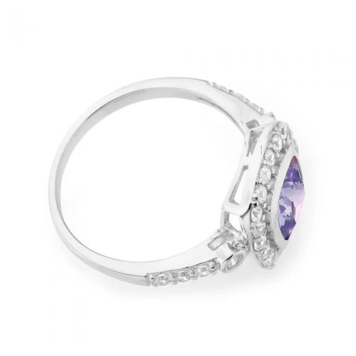 Sterling Silver Lavender and White Zirconia Square Halo Ring - Image 2
