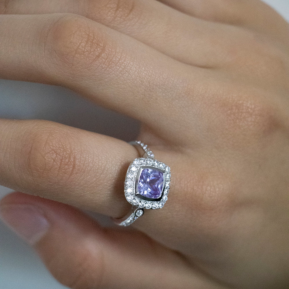 Sterling Silver Lavender and White Zirconia Square Halo Ring - Image 3