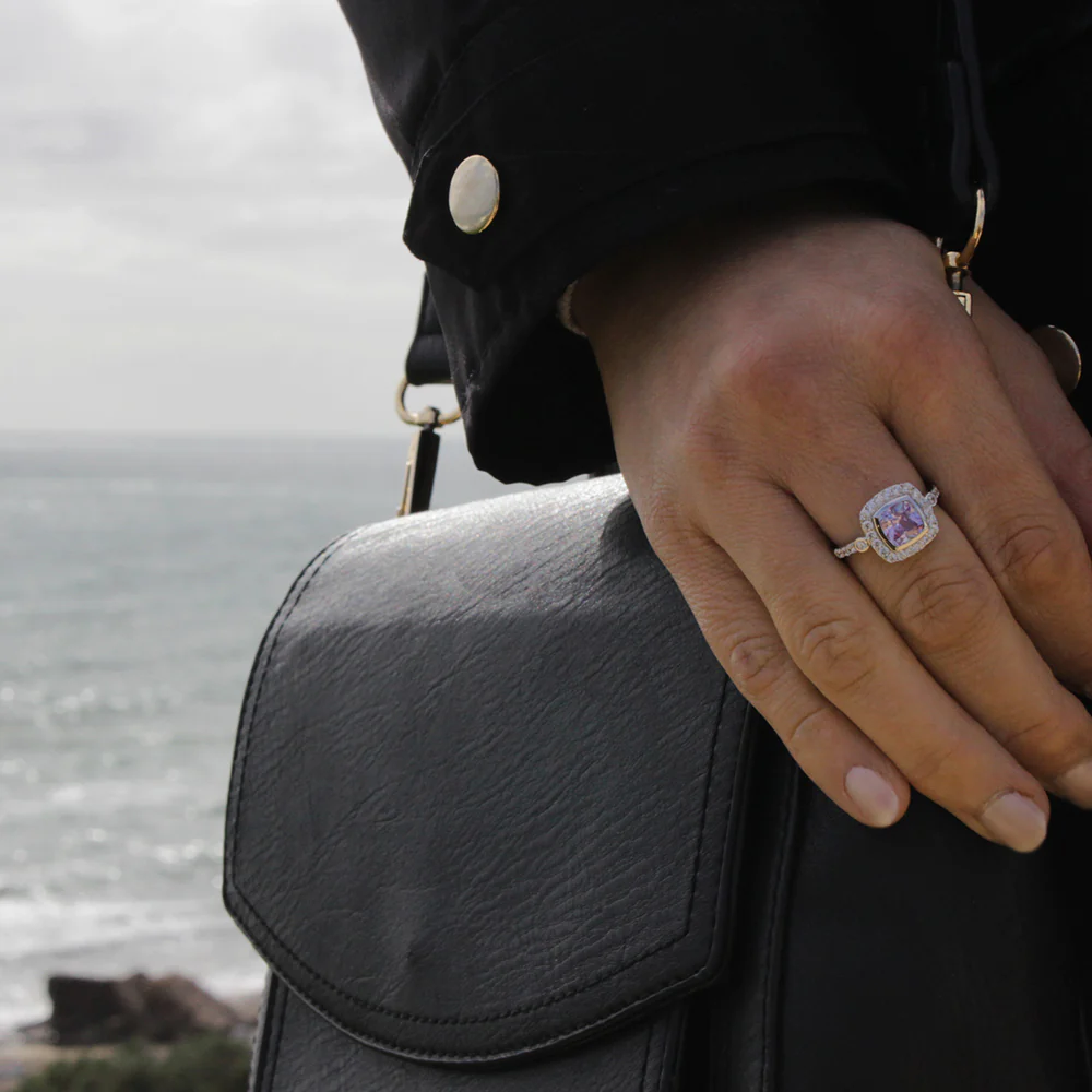 Sterling Silver Lavender and White Zirconia Square Halo Ring - Image 4