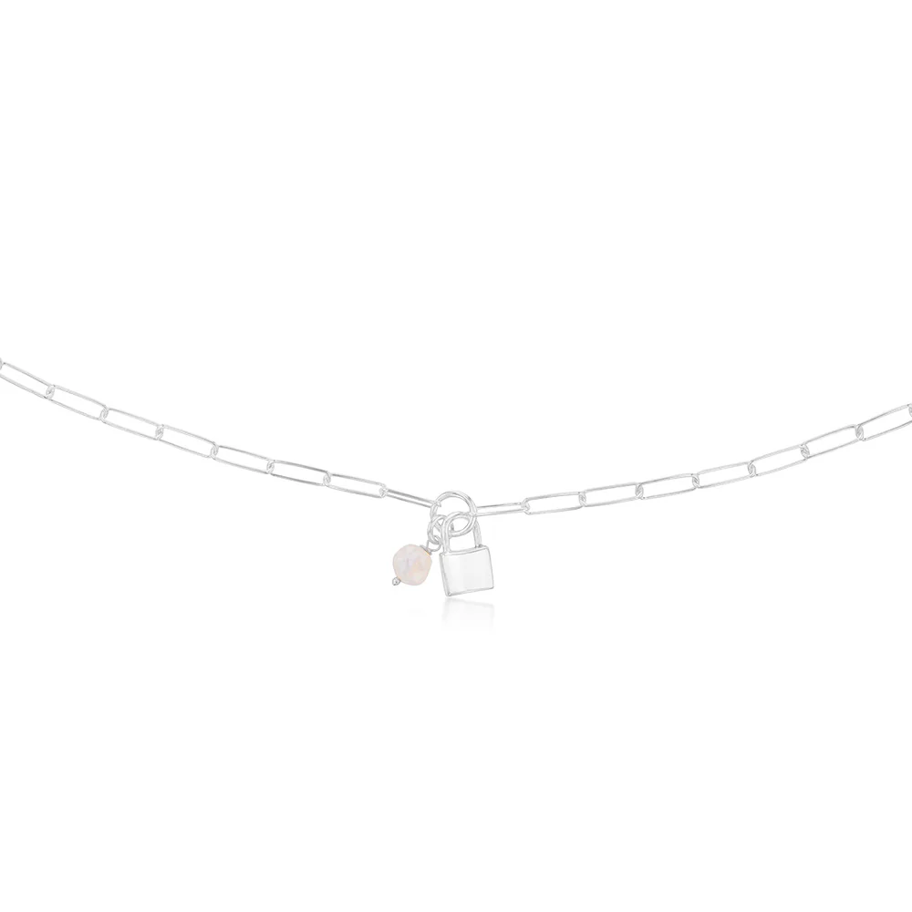 Sterling Silver Lock & Pearl Pendant On 45cm Paperclip Chain - Image 2