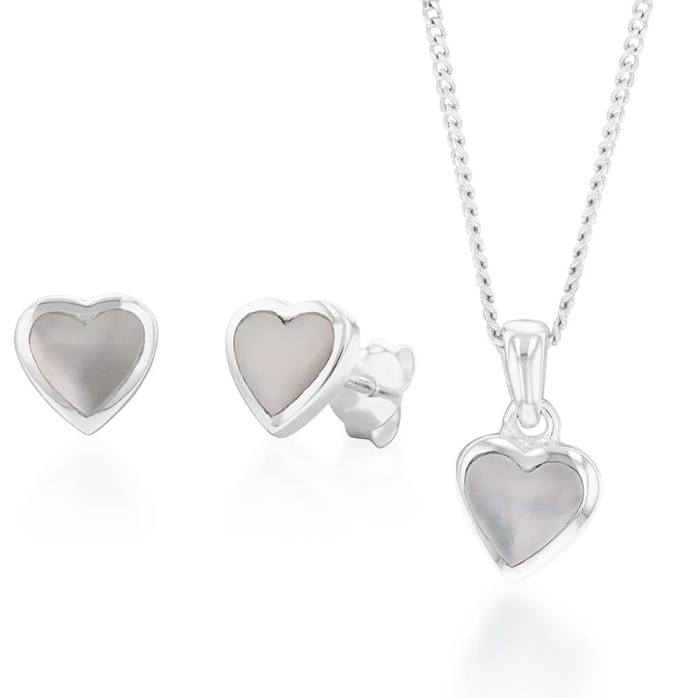 Sterling Silver Mother of Pearl Pendant and Earring Heart Set on 45cm Chain - Image 2