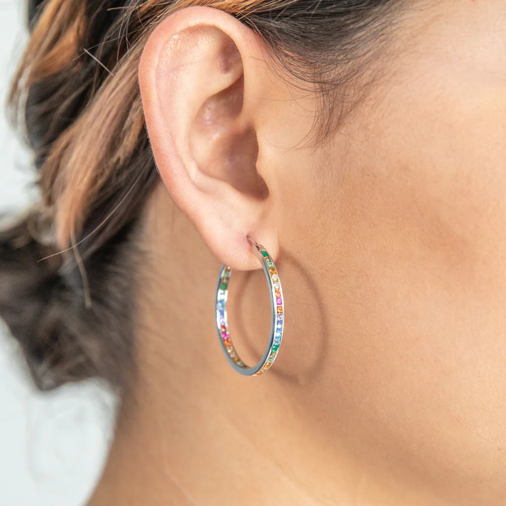 Sterling Silver Multicolour Cubic Zirconia 30mm Hoop Earrings - Image 2