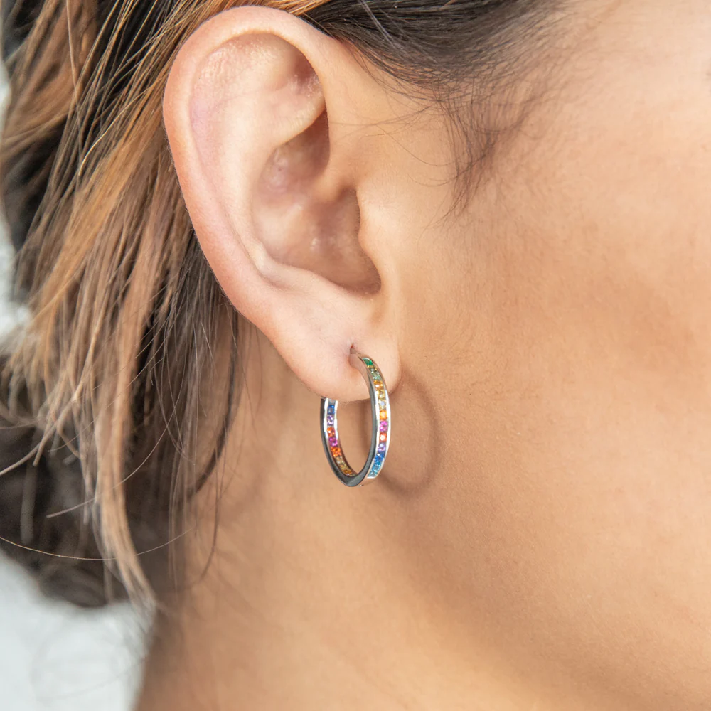 Sterling Silver Multicolour Rainbow Cubic Zirconia 20mm Hoop Earrings - Image 2