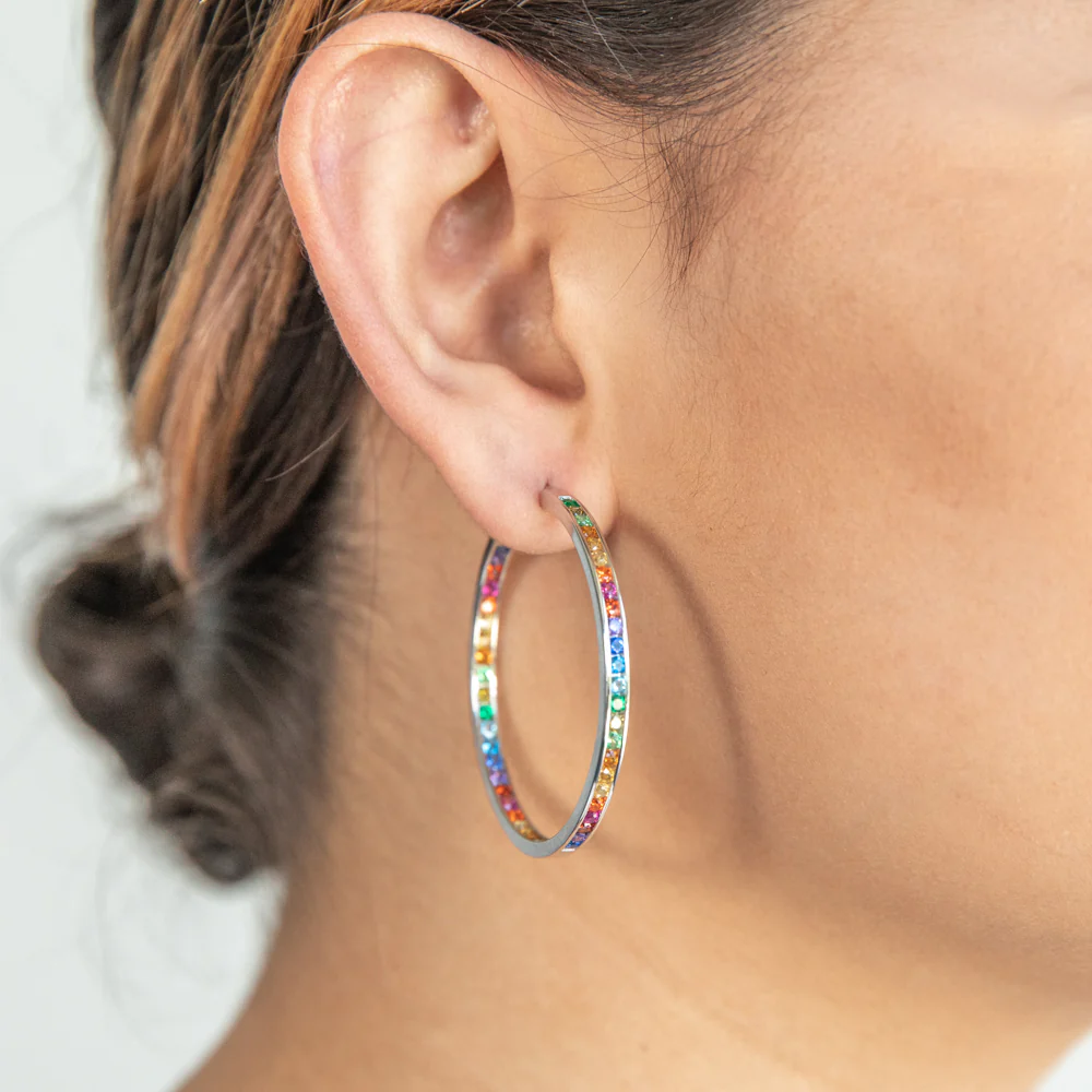 Sterling Silver Multicolour Rainbow Cubic Zirconia 40mm Hoop Earrings - Image 2