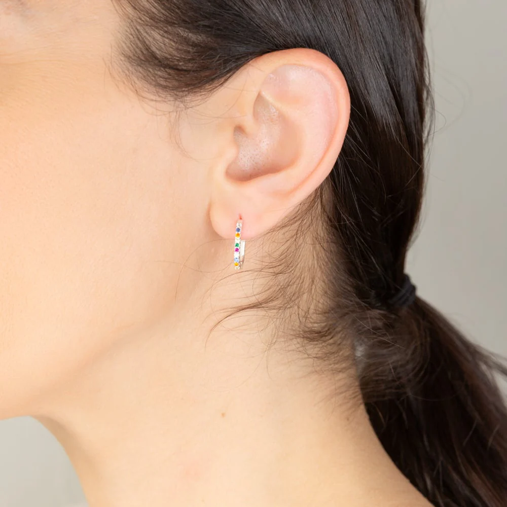 Sterling Silver Multicolour Stones Hoop Earrings - Image 2