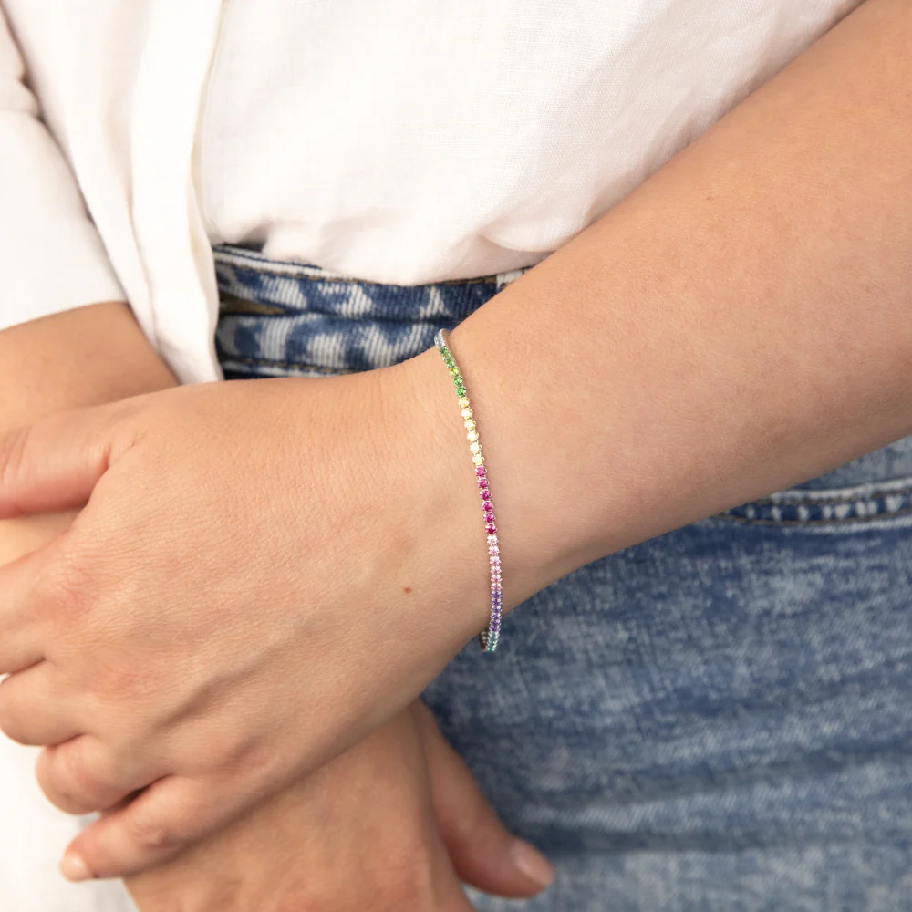 Sterling Silver Multicoloured Cubic Zirconia 2.5mm Tennis 19cm Bracelet - Image 3