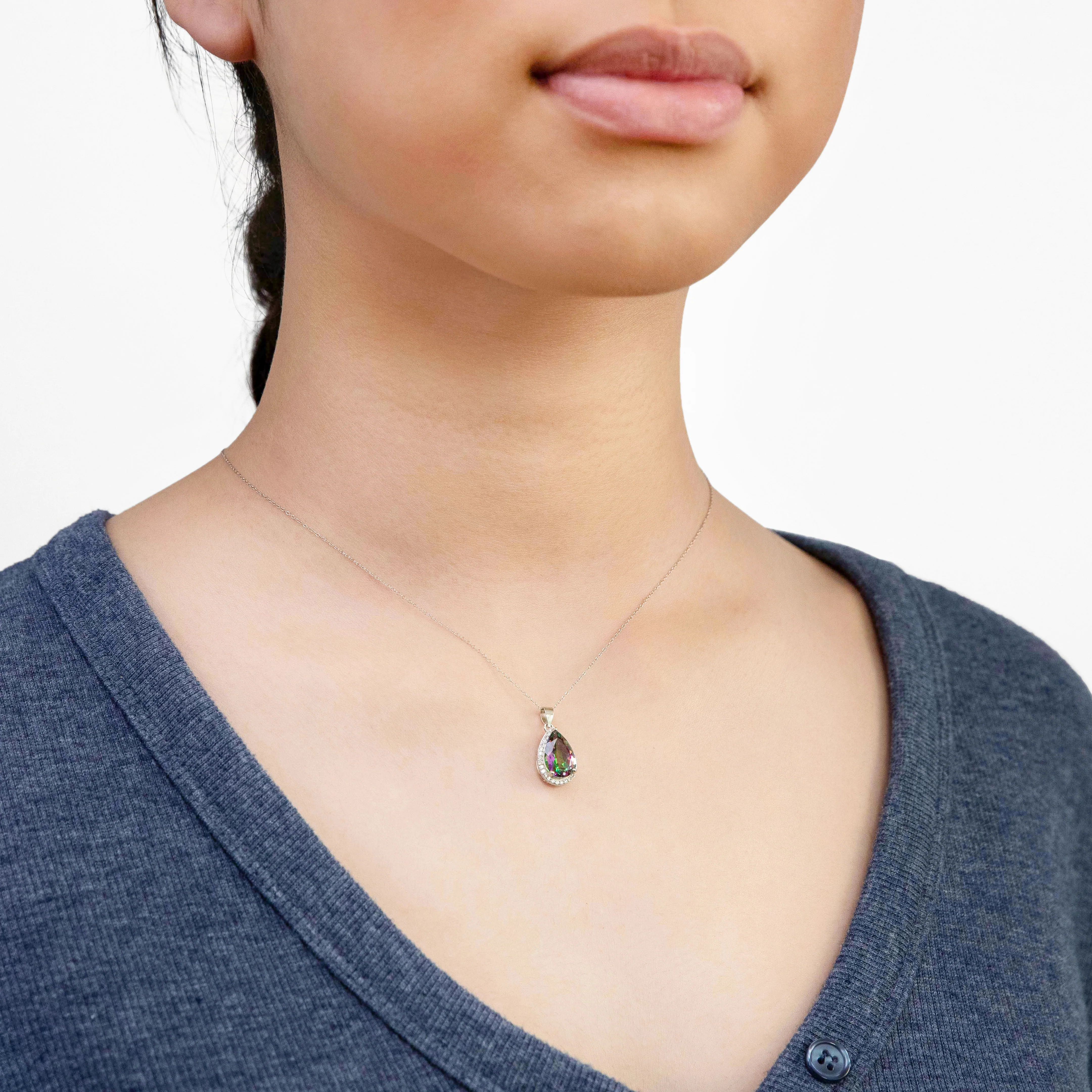 Sterling Silver Mystic Topa and Zirconia Pear Pendant on Chain - Image 2