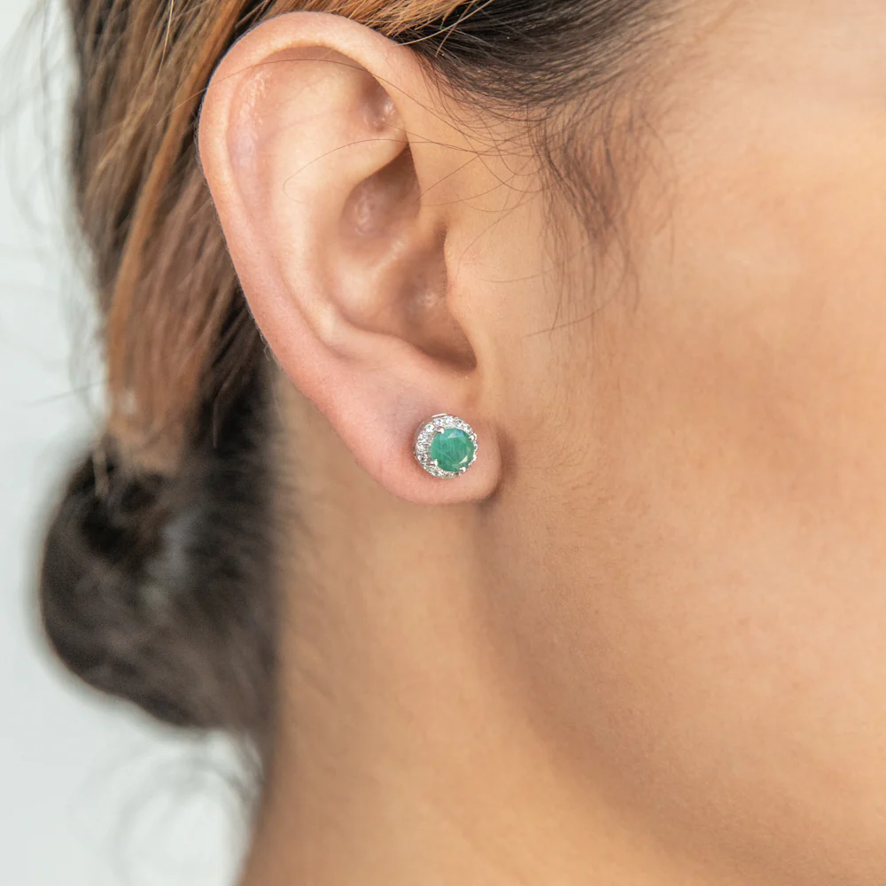 Sterling Silver Natural Enhanced Emerald and White Zircon Stud Earrings - Image 2