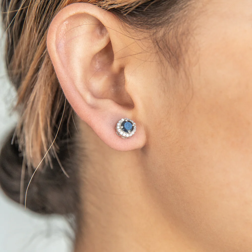 Sterling Silver Natural Enhanced Sapphire & White Zircon Stud Earrings - Image 2